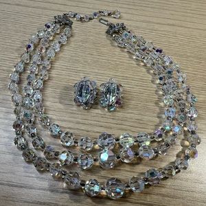 Women’s Costume Jewelry Necklace Triple Strand with matching clip on earrings